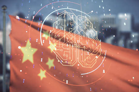 Virtual creative artificial Intelligence hologram with human brain sketch on flag of China and blurry skyscrapers background. Multiexposureの写真素材