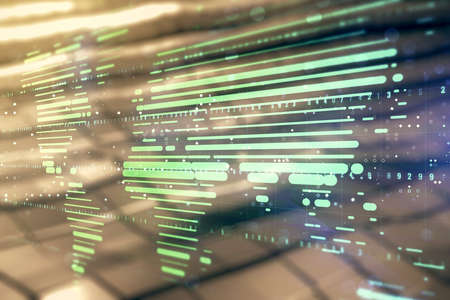 Abstract creative world map interface on blurry abstract metal background, international trading concept. Multiexposureの写真素材