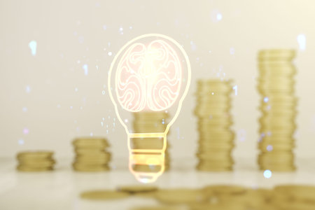 Abstract virtual idea concept with light bulb and human brain illustration on stacks of coins...