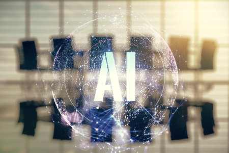 Creative artificial Intelligence symbol hologram on a modern coworking room background. Double...