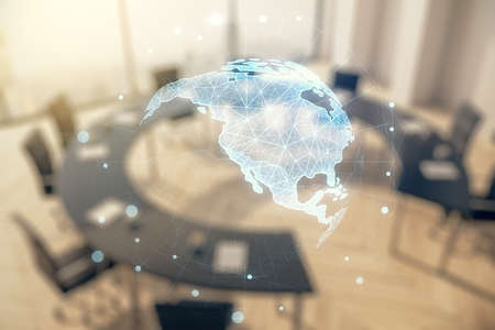 Digital map of North America hologram on a modern coworking room background, global technology concept. Multiexposureの写真素材