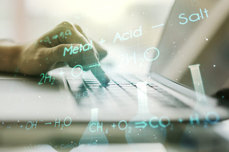 Creative chemistry hologram with hands typing on computer keyboard on background, pharmaceutical...