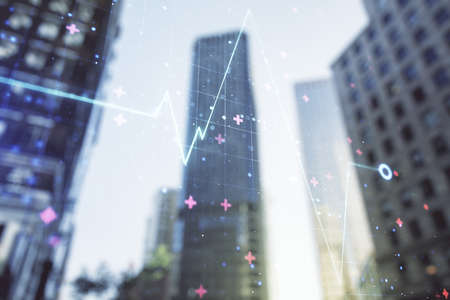 Abstract virtual heart pulse hologram on modern architecture background, online medical consulting concept. Multiexposureの写真素材