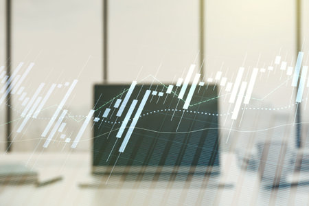 Multi exposure of abstract creative financial chart on computer background, research and analytics...