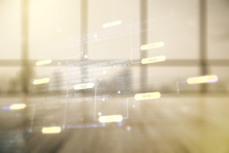Multi exposure of abstract graphic coding sketch on modern interior background, big data and...