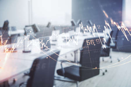 Abstract virtual financial graph hologram on a modern furnished office background, forex and investment concept. Multiexposureの写真素材