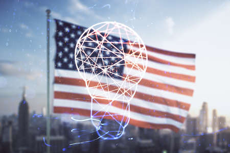 Abstract virtual light bulb illustration on US flag and skyline background, future technology concept. Multiexposureの写真素材