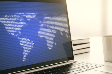Modern computer screen with abstract creative digital world map, research and analytics concept. 3D...