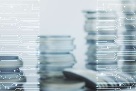 Abstract virtual micro chip hologram on coins background, artificial intelligence and machine learning concept. Multi exposureの写真素材