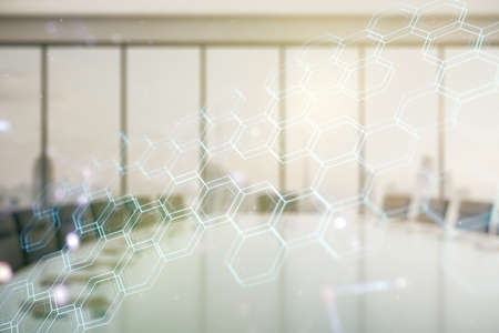 Double exposure of abstract virtual technology hologram with hexagon on a modern meeting room background. Research and development software conceptの写真素材