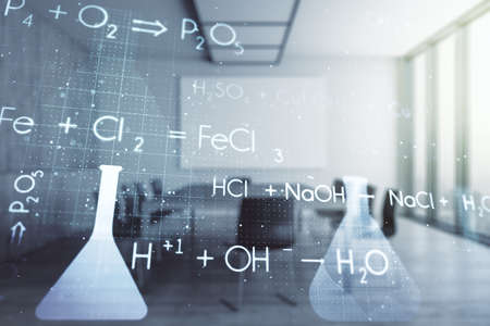Double exposure of abstract virtual chemistry hologram on a modern meeting room background, research and development conceptの写真素材