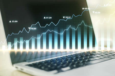 Multi exposure of abstract financial diagram on computer background, banking and accounting conceptの写真素材