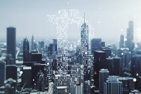Double exposure of creative Bitcoin symbol hologram on Chicago office buildings background. Mining...
