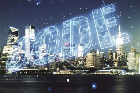 Code word hologram on New York cityscape background, international software development concept. Multiexposureの写真素材