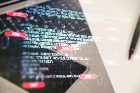 Double exposure of abstract creative programming illustration on computer background, big data and blockchain conceptの写真素材