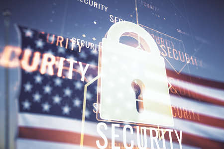 Virtual creative lock symbol and microcircuit illustration on USA flag and sunset sky background. Protection and firewall concept. Multiexposureの写真素材