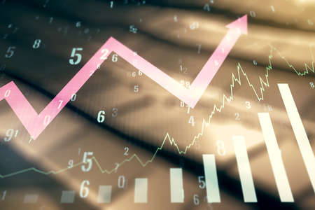 Multi exposure of virtual abstract financial graph and upward arrow on blurry abstract metal background, forex and investment conceptの写真素材