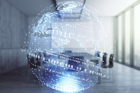 Multi exposure of abstract graphic coding sketch and world map on a modern furnished classroom background, big data and networking conceptの写真素材