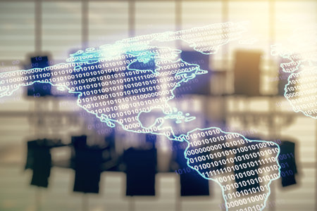 Double exposure of graphic America map hologram on a modern boardroom background, big data and...