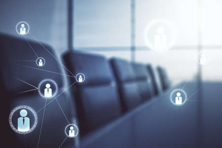 Double exposure of social network icons hologram on a modern boardroom background. Networking conceptの写真素材