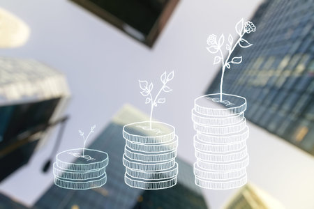 Virtual cash savings sketch on modern architecture background, success and solution concept. Multi...