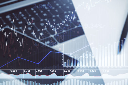 Double exposure of abstract creative financial diagram on modern laptop background, banking and...