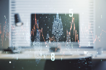 Multi exposure of abstract financial graph on laptop background, financial and trading concept