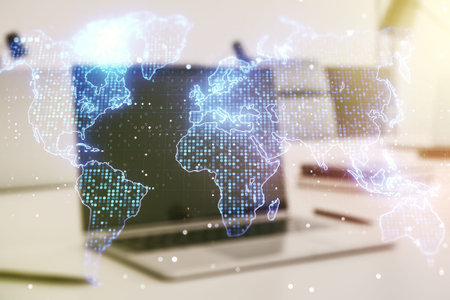 Double exposure of abstract digital world map on computer background, big data and blockchain...
