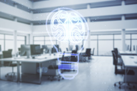 Abstract virtual creative light bulb with human brain hologram on a modern furnished office interior...