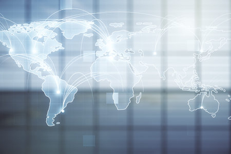 Abstract graphic digital world map hologram with connections on modern interior background,...