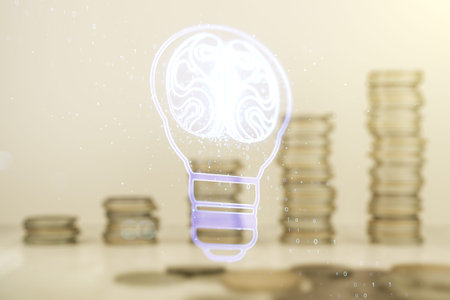 Double exposure of abstract virtual creative light bulb hologram with human brain on growing stacks...