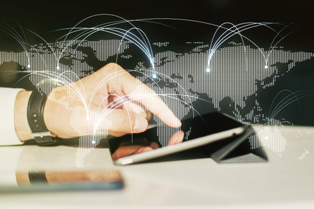 Double exposure of abstract digital world map with connections and finger clicks on a digital tablet...