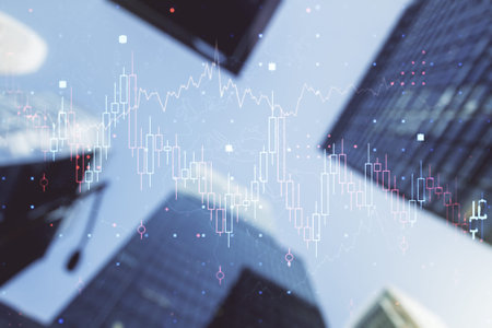 Multi exposure of abstract financial graph on office buildings background, forex and investment...