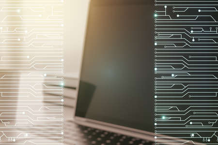 Double exposure of circuit hologram on laptop background. Research and development hardware conceptの写真素材