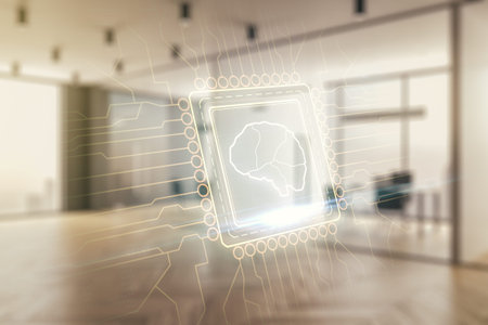 Virtual creative artificial Intelligence hologram with human brain sketch on a modern furnished...