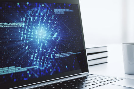 Creative code skull hologram on modern computer monitor, cybercrime and hacking concept. 3D Renderingの写真素材