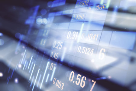 Abstract virtual financial graph hologram on blurry abstract metal background, forex and investment...