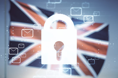 Abstract virtual lock sketch with email symbols hologram on flag of Great Britain and blue sky...