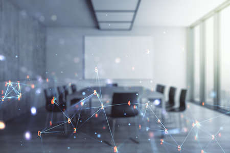 Abstract virtual wireless technology hologram on a modern conference room background. Big data and database concept. Multiexposureの写真素材