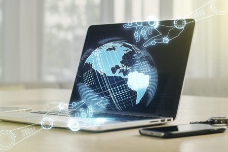 Creative concept of robotics technology with globe sketch on modern laptop background. Robot...