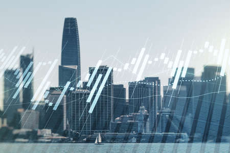 Multi exposure of virtual abstract financial graph interface on San Francisco cityscape background, financial and trading conceptの写真素材