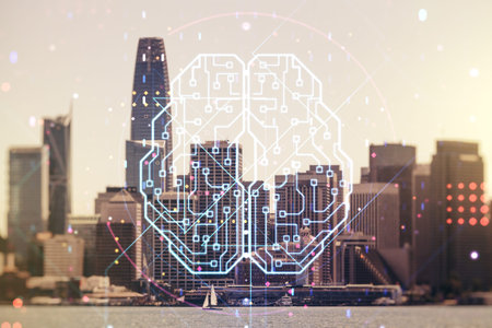 Double exposure of creative human brain microcircuit hologram on San Francisco office buildings...