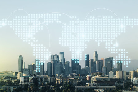 Abstract virtual world map with connections on Los Angeles skyline background, international trading...