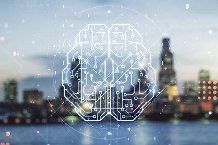Double exposure of creative human brain microcircuit hologram on blurry office buildings background....