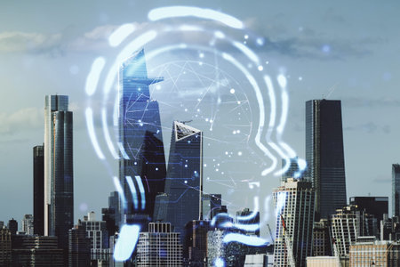 Abstract virtual artificial Intelligence interface with human head hologram on New York city skyline...