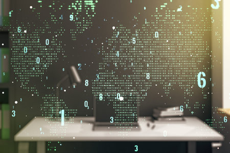 Multi exposure of abstract software development hologram with world map and modern desktop with...