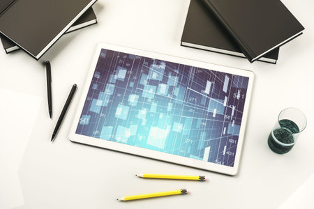Top view of modern digital tablet display with abstract creative analytics data spreadsheet,...