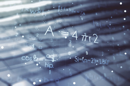Abstract scientific formula hologram on blurry abstract metal background. Multiexposure