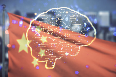 Virtual creative artificial Intelligence hologram with human brain sketch on flag of China and blurry skyscrapers background. Multiexposureの写真素材