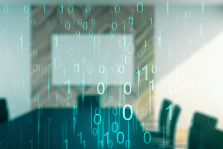 Abstract virtual binary code illustration on a modern conference room background. Big data and...